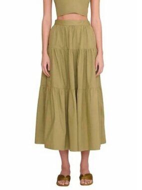 STAUD Sea Midi Skirt Tiered Peasant Boho Olive Khaki XXL NWT Euro Summer